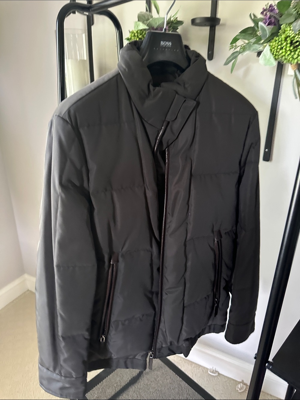 Hugo Boss Men's Black Quilted Puffer Jacket with High Collar
